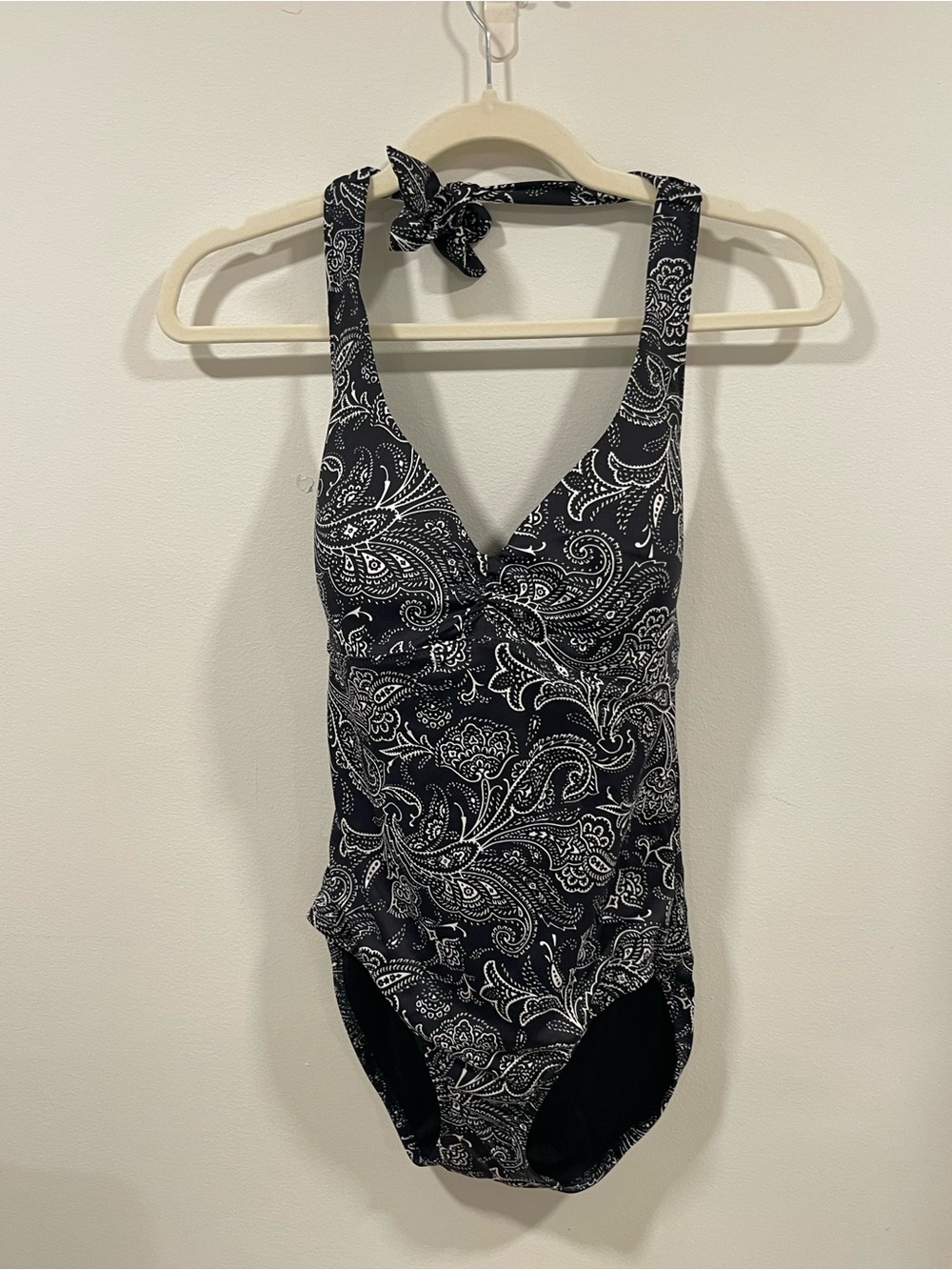 Lands' End Black Paisley bandanna print Halter One-Piece Swimsuit